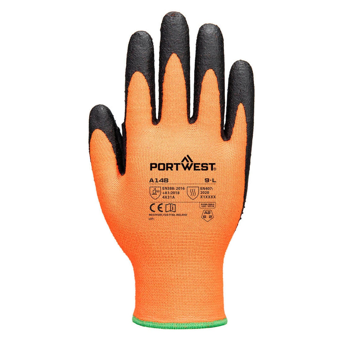 Portwest Algemeen Gebruik Handbescherming Handschoen A148 Grip 13 Nitril sterk gedot oranje-zwart(O8)