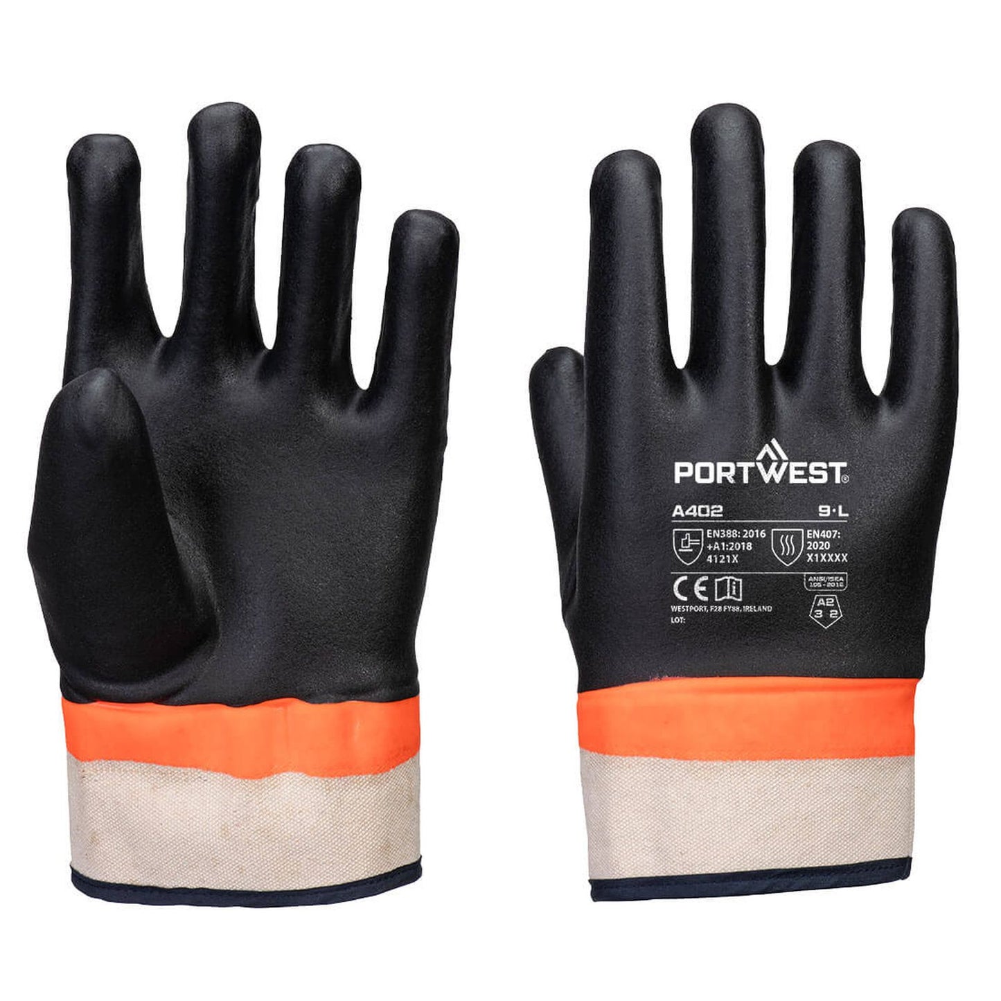 Portwest Handbescherming Algemeen Gebruik Handschoenen A402 grip PVC dubbel gedipt zandkorrel contacthitte zwart-oranje(K1)