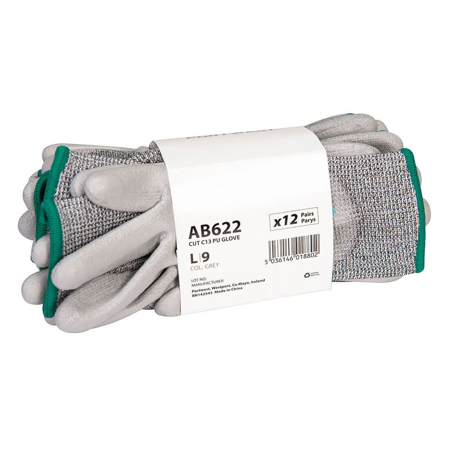 Portwest handschoen AB622 Snijklasse C 13 PU - 12 pack grijs(G7)