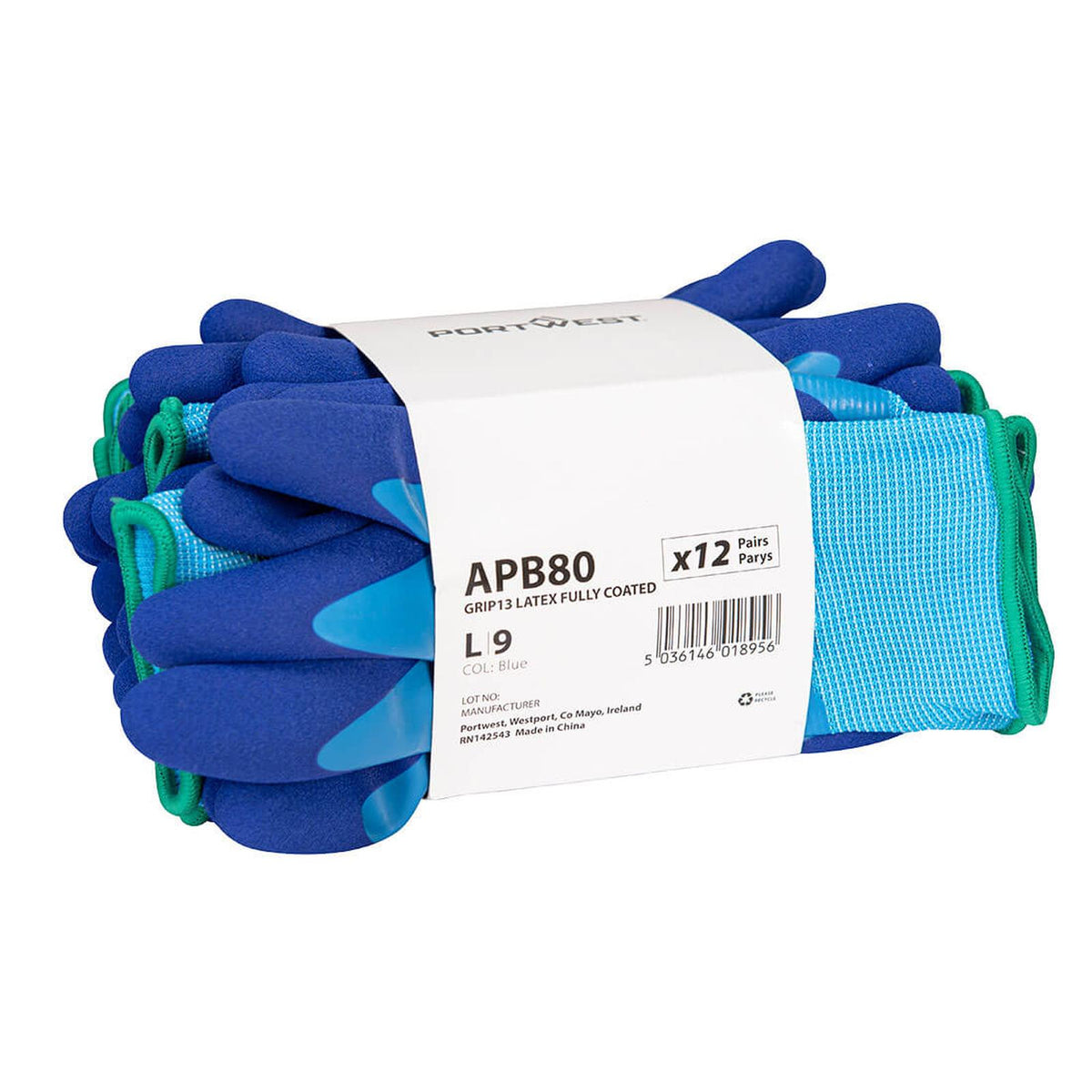 Portwest handschoen APB80 Grip 13 latex volledig gecoat - 12 pack blauw(B4)
