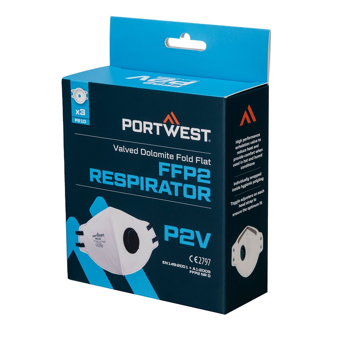 Portwest Disposable Masker FFP2 Mondmasker P210 FFP2 platgevouwen Dolomite P2V (3-pack) wit(WH)