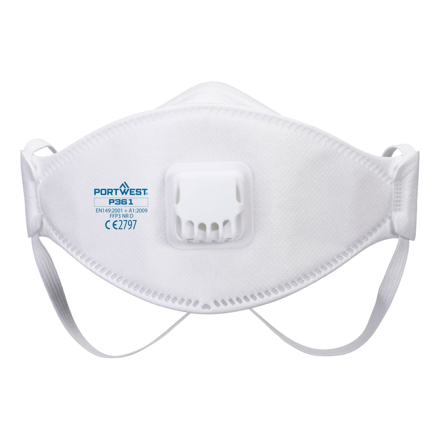 Portwest FFP3 Disposable Maskers Mondmasker P361 Trifold FFP2 dolomiet gevouwen ventiel (Pk 10) wit(WH)