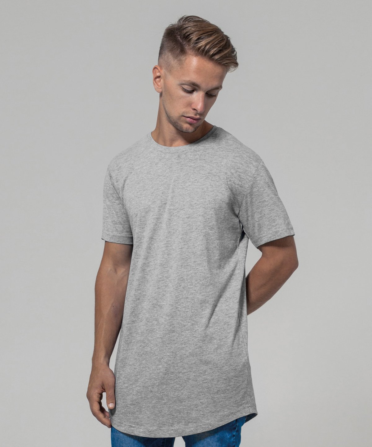 Build Your Brand T-shirt BY028 shaped long tee grijs gemêleerd(HGRE)