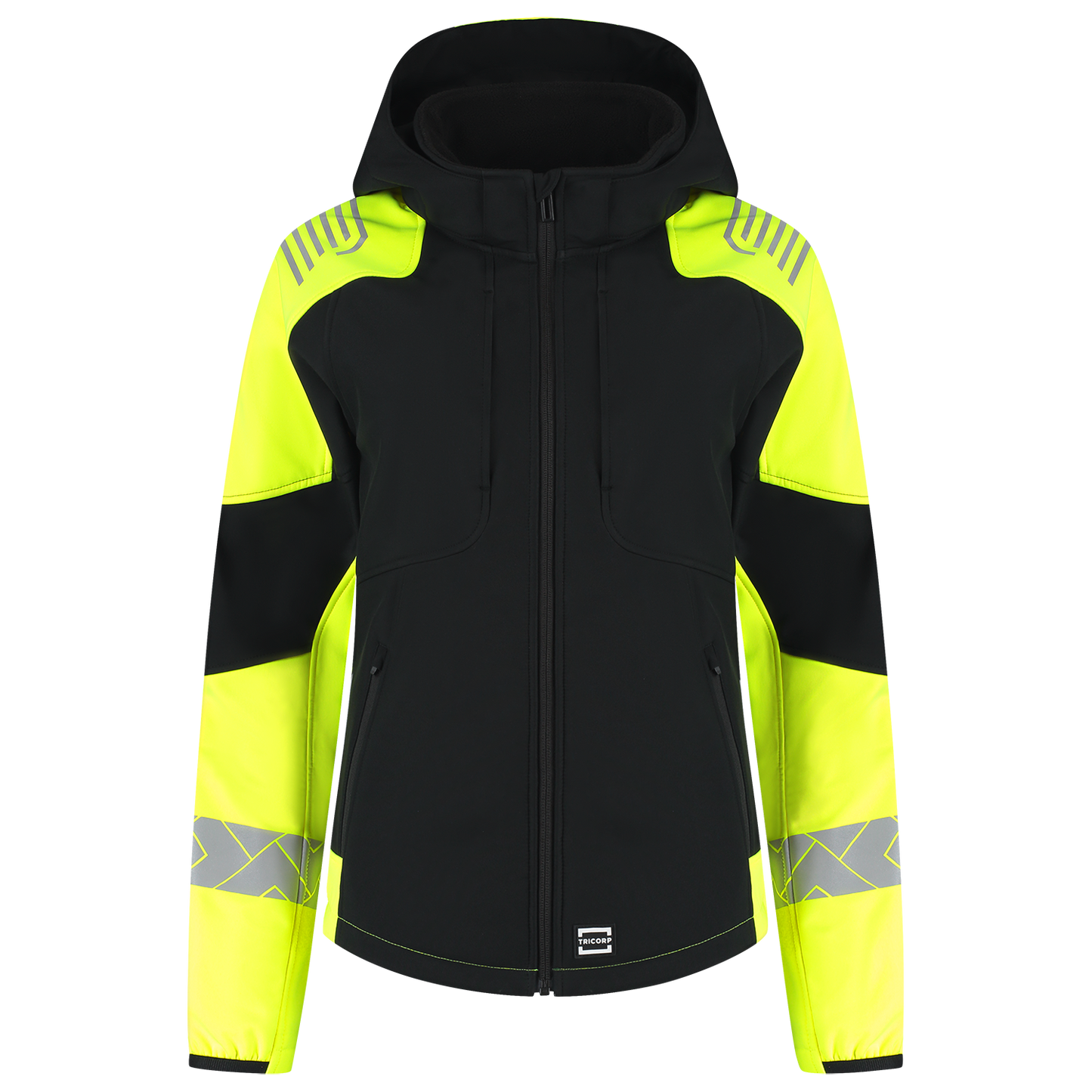Tricorp Workwear Reflective Redefined Jassen 406115 Softshell Capuchon Dames HiVis zwart-fluo geel(blackfluoryellow)