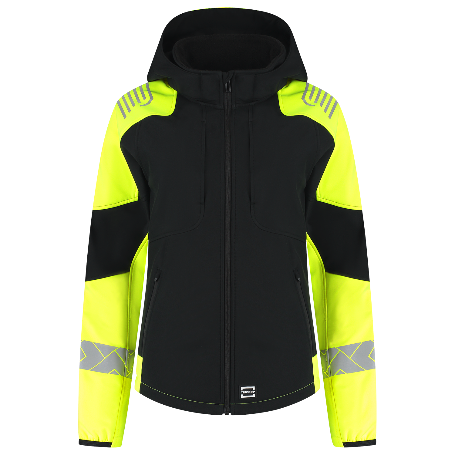Tricorp Workwear Reflective Redefined Jassen 406115 Softshell Capuchon Dames HiVis zwart-fluo geel(blackfluoryellow)