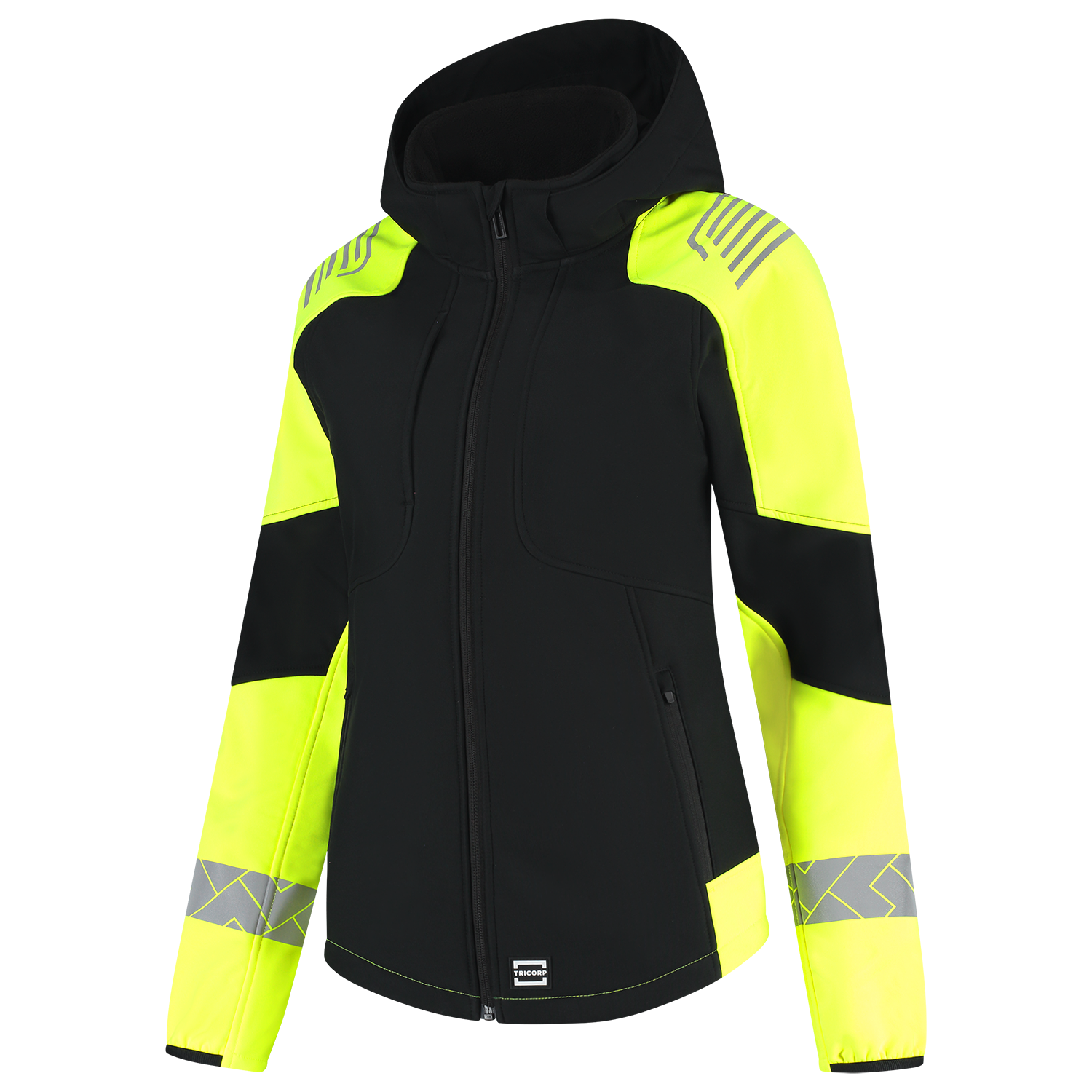 Tricorp Workwear Reflective Redefined Jassen 406115 Softshell Capuchon Dames HiVis zwart-fluo geel(blackfluoryellow)