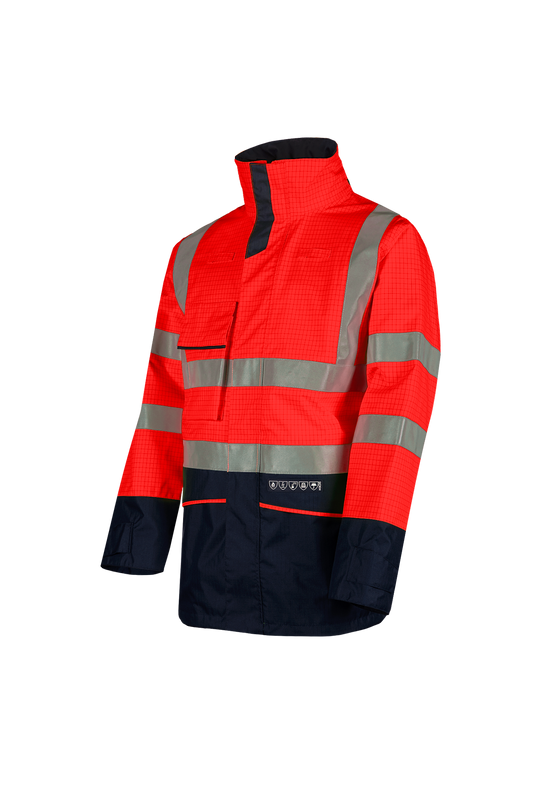 Sioen parka Hedland multinorm fluo rood-marineblauw