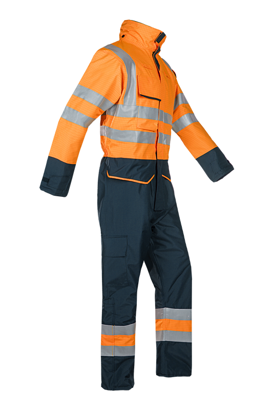 Sioen overall Carret multinorm fluo oranje-marineblauw