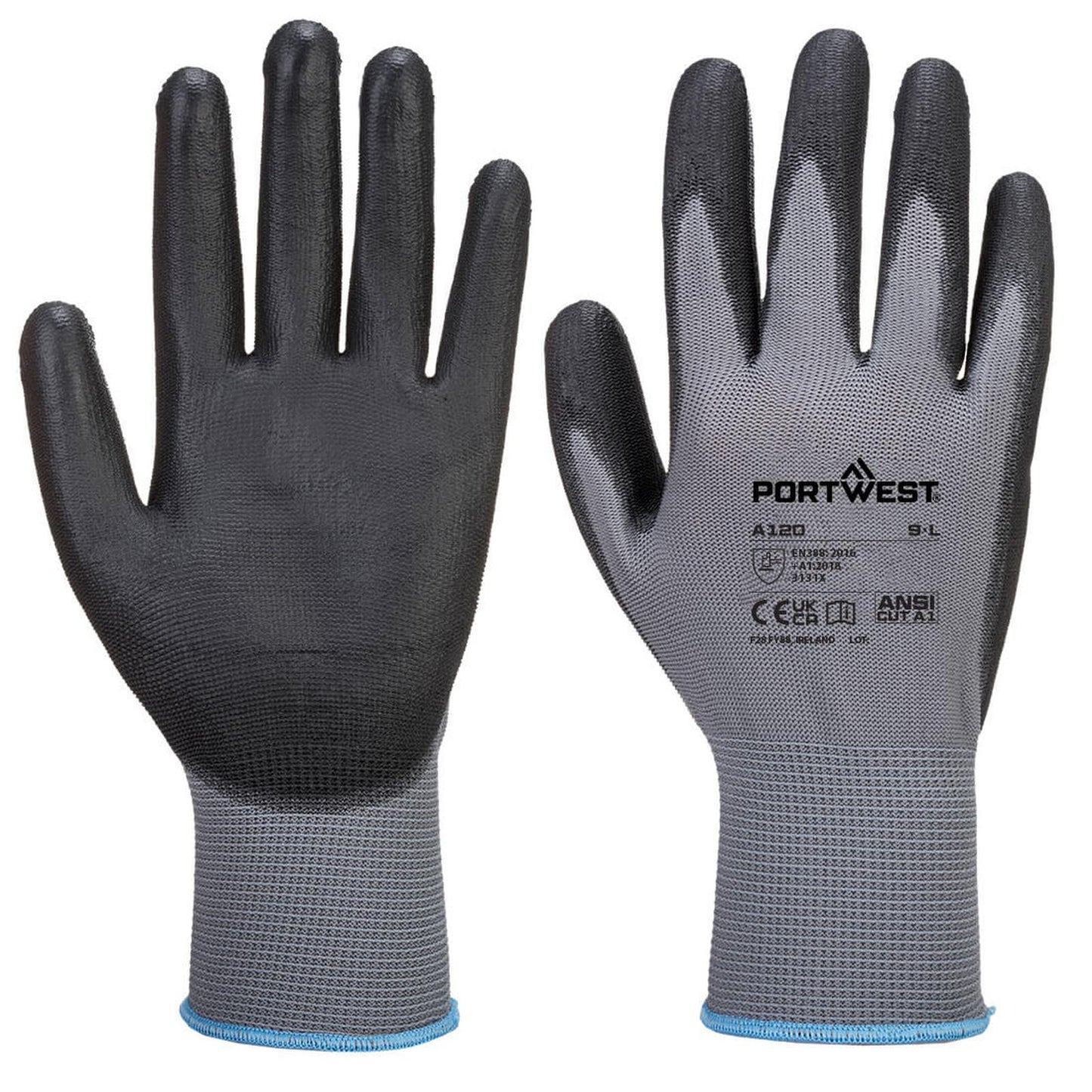 Portwest Algemeen Gebruik Handbescherming Handschoen A120 PU Palm lichtblauw-wit(G8)