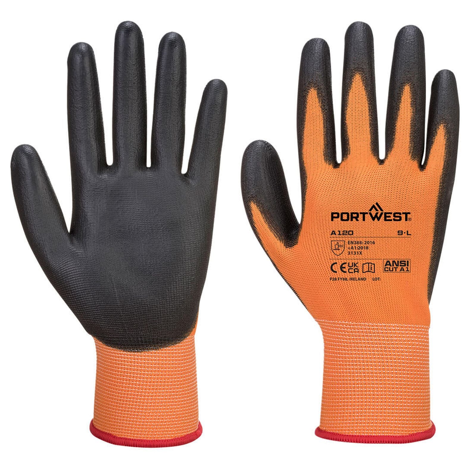 Portwest Algemeen Gebruik Handbescherming Handschoen A120 PU Palm oranje-zwart(O8)