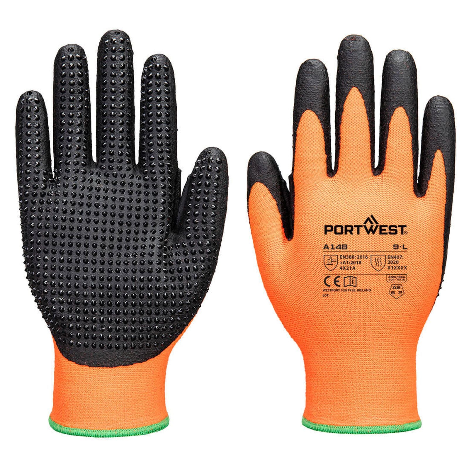 Portwest Algemeen Gebruik Handbescherming Handschoen A148 Grip 13 Nitril sterk gedot oranje-zwart(O8)