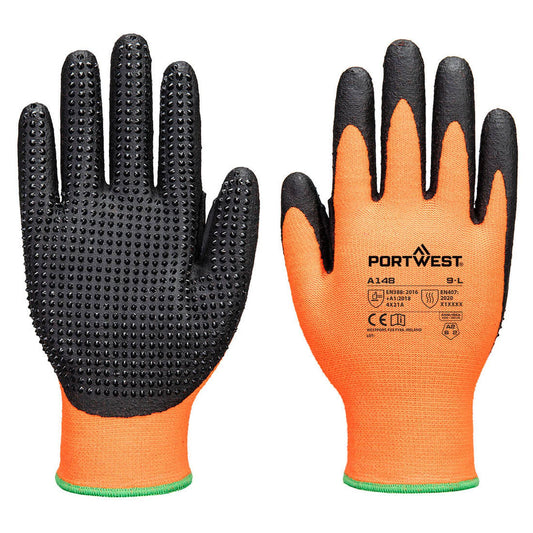 Portwest Algemeen Gebruik Handbescherming Handschoen A148 Grip 13 Nitril sterk gedot oranje-zwart(O8)