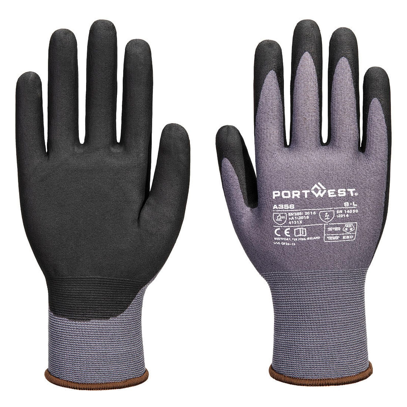 Portwest Handbescherming ESD Handschoenen Handschoenen A356 ESD 15 nitril essentieel multipack (Pk12) grijs-zwart(G8)