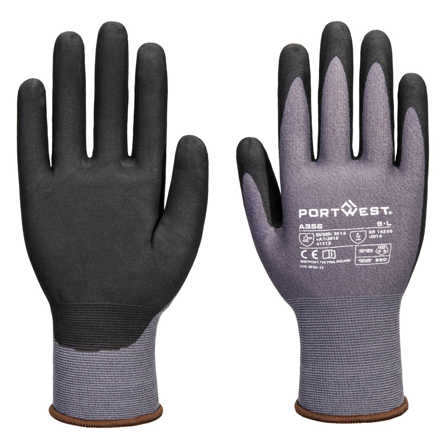 Portwest Handbescherming ESD Handschoenen Handschoenen A356 ESD 15 nitril essentieel multipack (Pk12) grijs-zwart(G8)