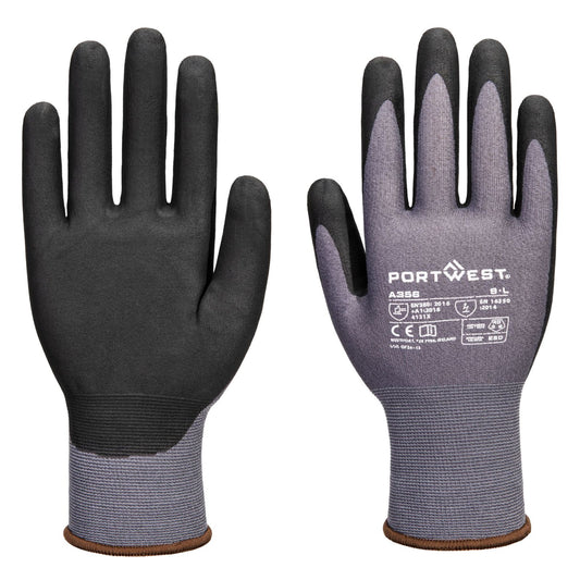 Portwest Handbescherming ESD Handschoenen Handschoenen A356 ESD 15 nitril essentieel multipack (Pk12) grijs-zwart(G8)