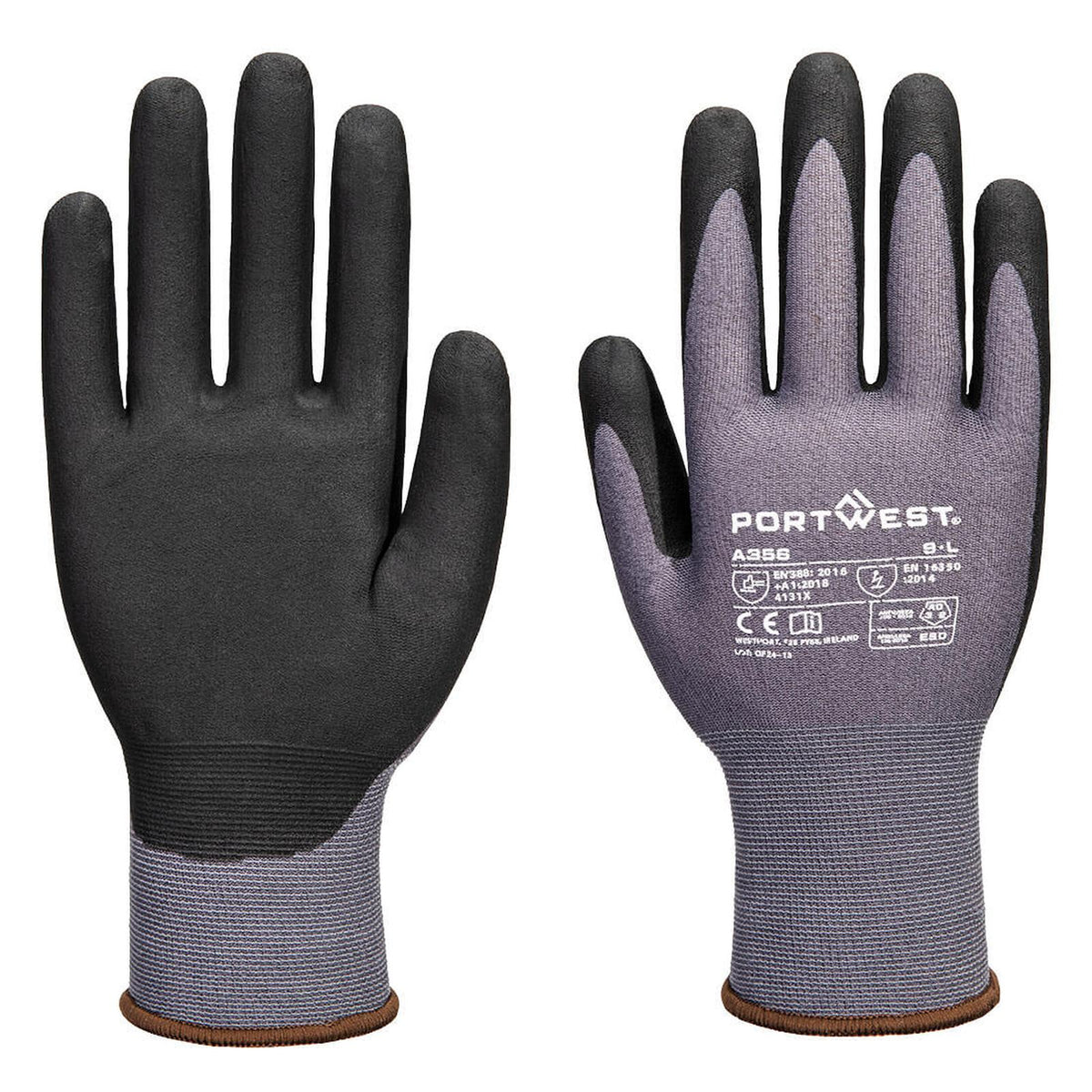 Portwest Handbescherming ESD Handschoenen Handschoenen A356 ESD 15 nitril essentieel multipack (Pk12) grijs-zwart(G8)