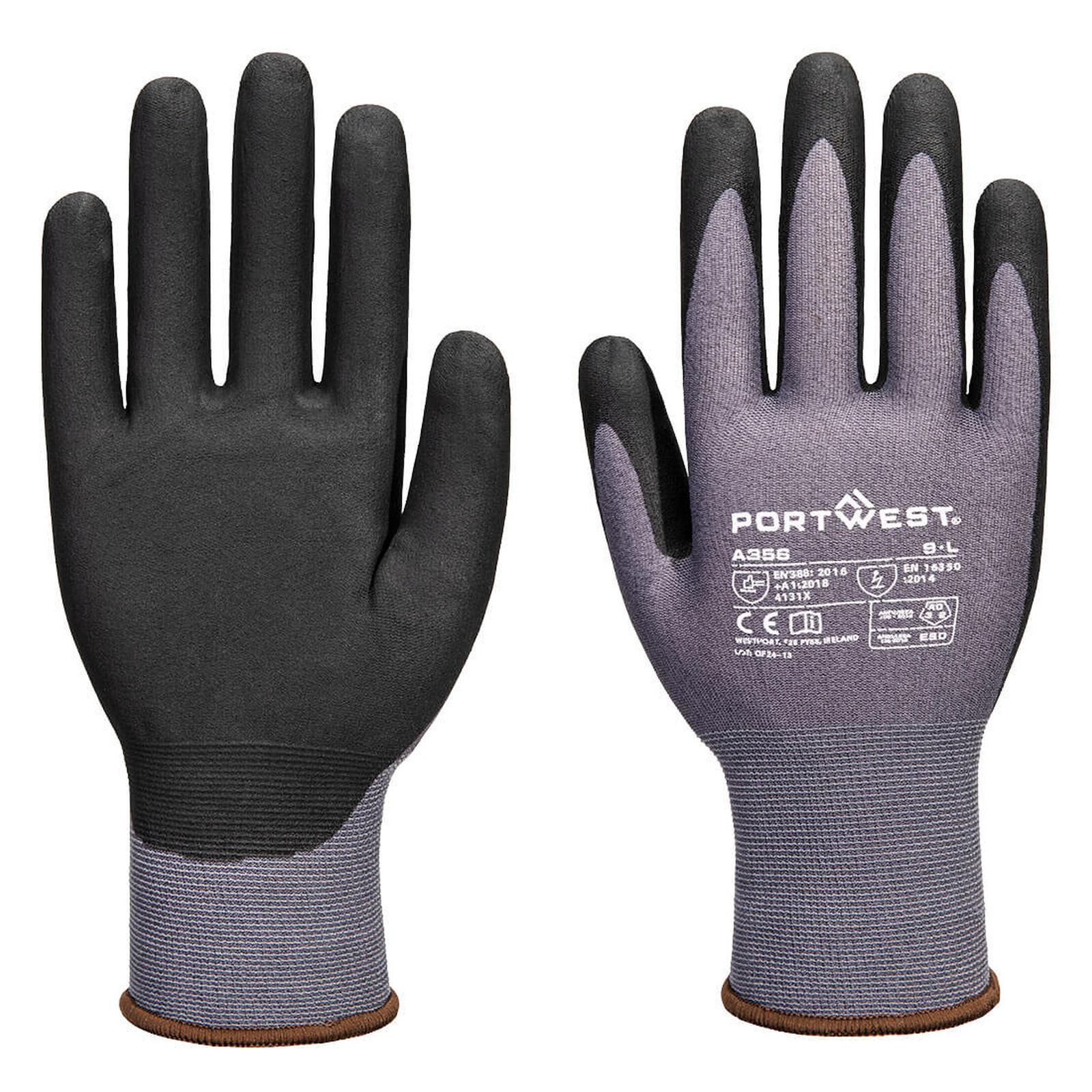 Portwest Handbescherming ESD Handschoenen Handschoenen A356 ESD 15 nitril essentieel multipack (Pk12) grijs-zwart(G8)