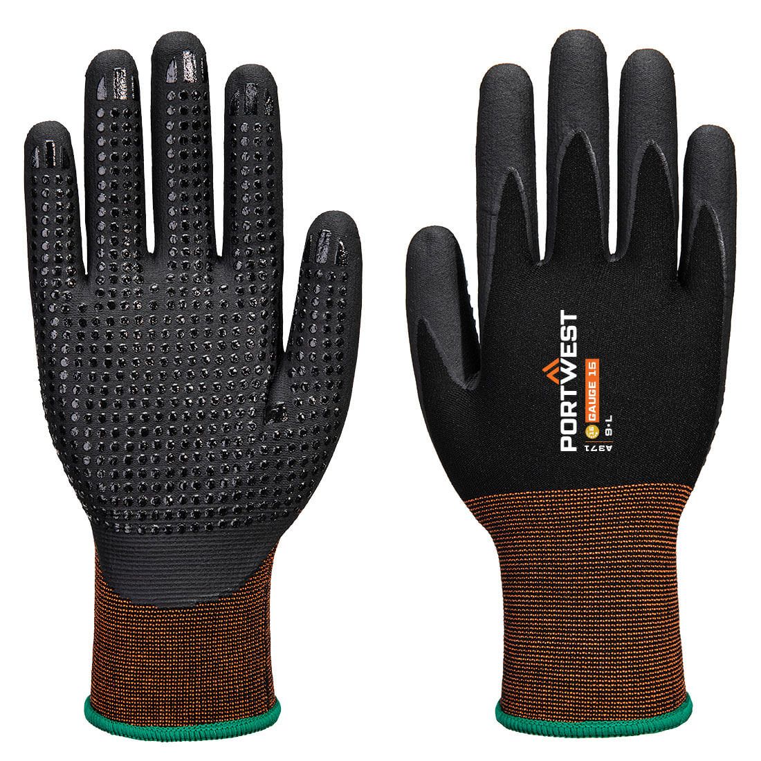 Portwest Handbescherming Handschoenen A371 GP grip 15 nitrile micro foam gedot zwart(K8)