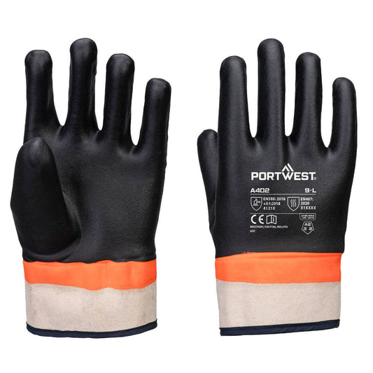 Portwest Handbescherming Algemeen Gebruik Handschoenen A402 grip PVC dubbel gedipt zandkorrel contacthitte zwart-oranje(K1)