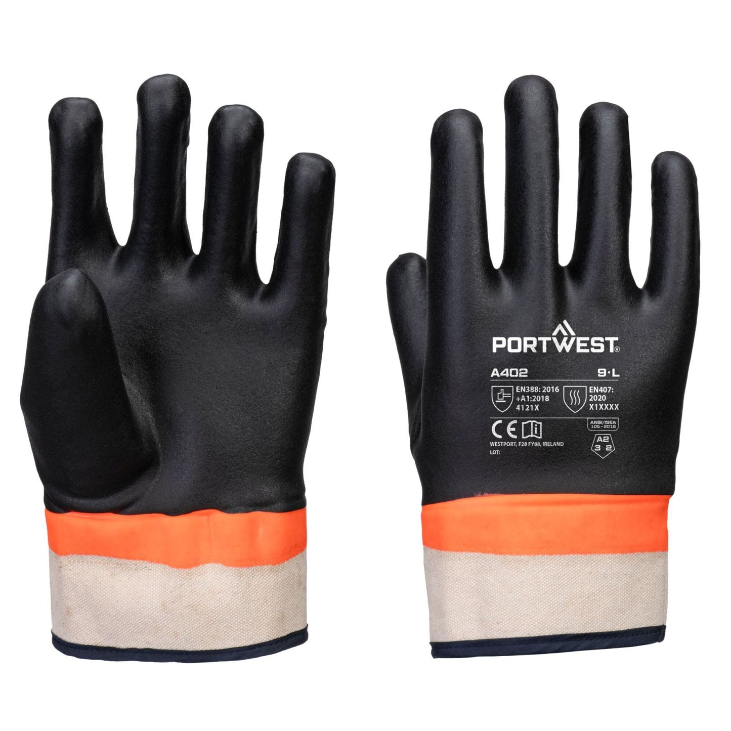 Portwest Handbescherming Algemeen Gebruik Handschoenen A402 grip PVC dubbel gedipt zandkorrel contacthitte zwart-oranje(K1)
