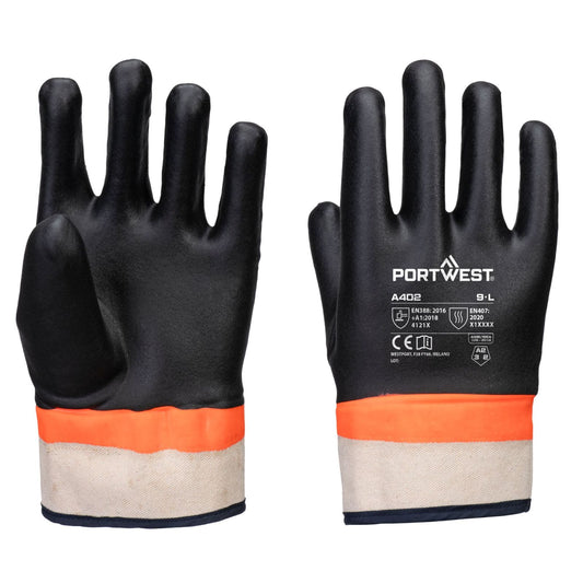 Portwest Handbescherming Algemeen Gebruik Handschoenen A402 grip PVC dubbel gedipt zandkorrel contacthitte zwart-oranje(K1)
