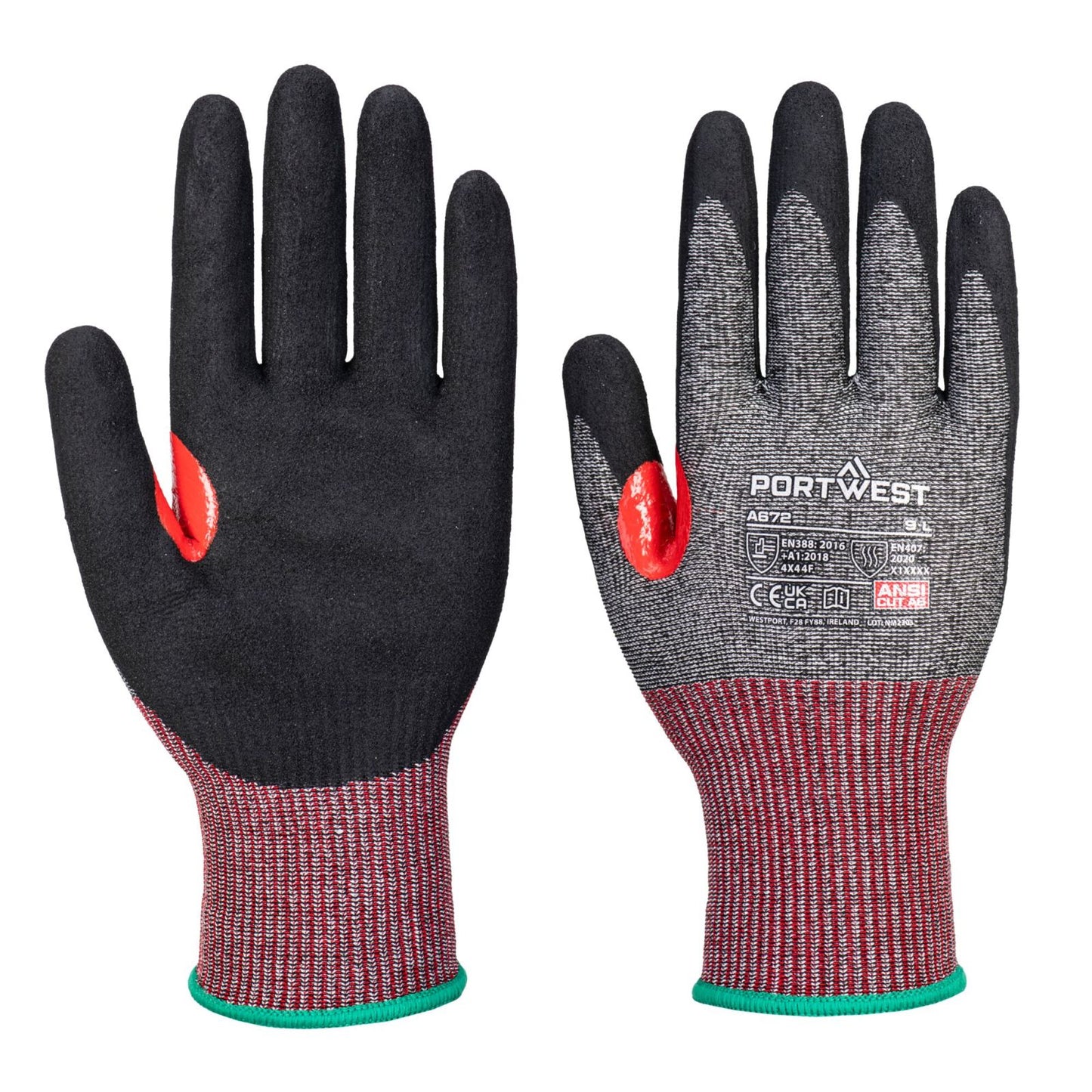 Portwest Snijbestendig Handbescherming Handschoenen A672 CS Cut F13 Nitril zwart(K8)