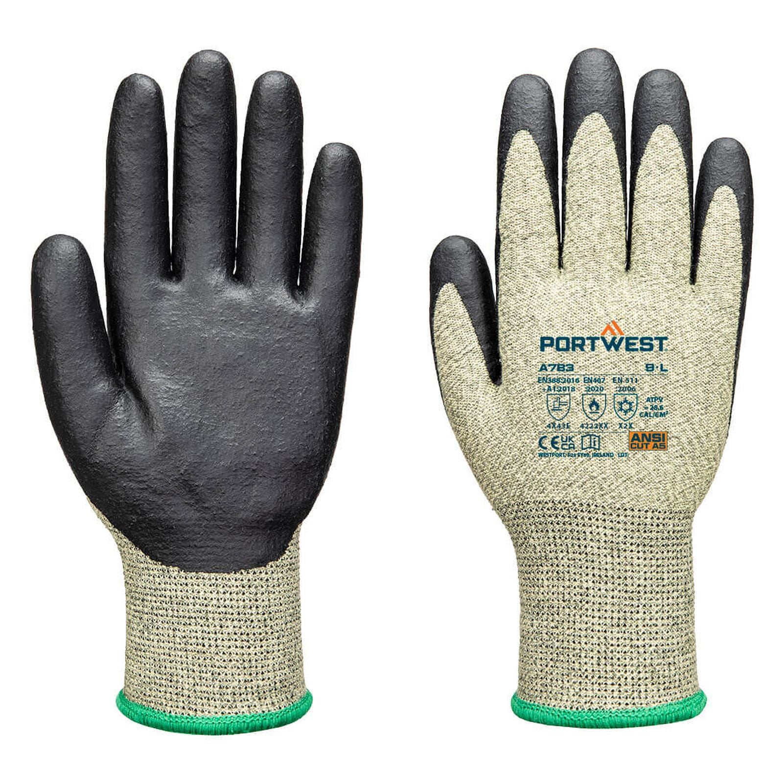 Portwest Handbescherming Vlamboog bestendige handschoenen Handschoenen A783 arc grip 13E Niveau 3 groen-zwart(E8)