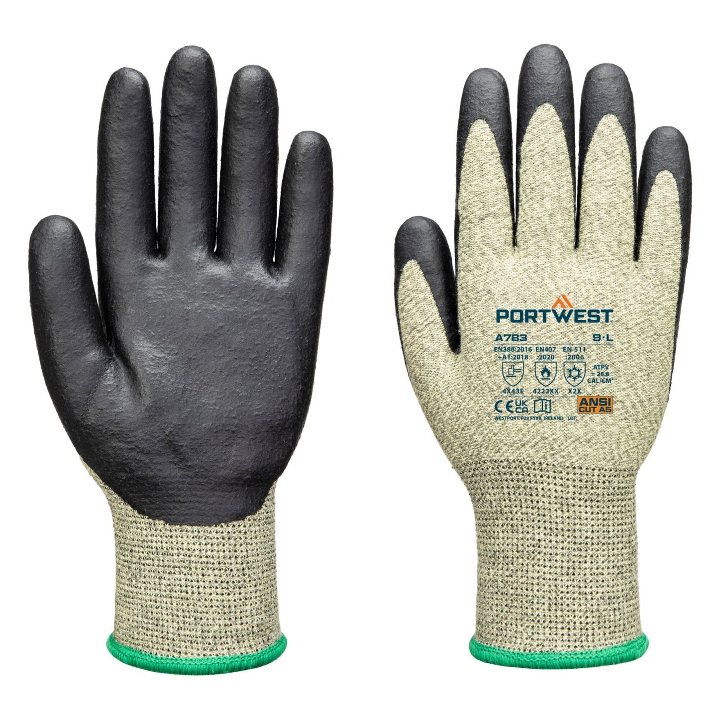 Portwest Handbescherming Vlamboog bestendige handschoenen Handschoenen A783 arc grip 13E Niveau 3 groen-zwart(E8)