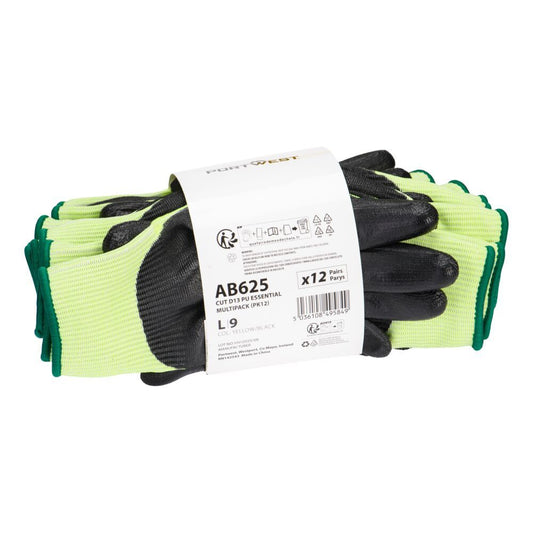 Portwest Snijbestendig Handbescherming Handschoenen AB625 Snijklasse D13 PU Essential Multipack (Pk12) geel-zwart(Y8)