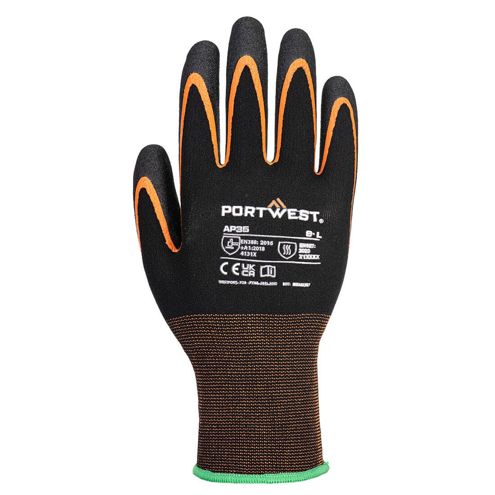 Portwest handschoen AP35 Grip 15 nitril dubbele palm hitte zwart-oranje(K1)