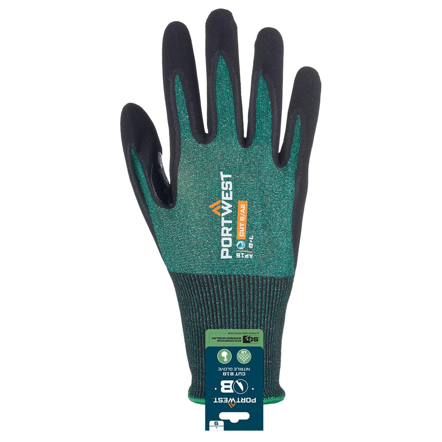 Portwest Snijbestendig Handbescherming Handschoenen APR15 SG snijbestendig B18 Nitril (Retail) groen-zwart(E8)