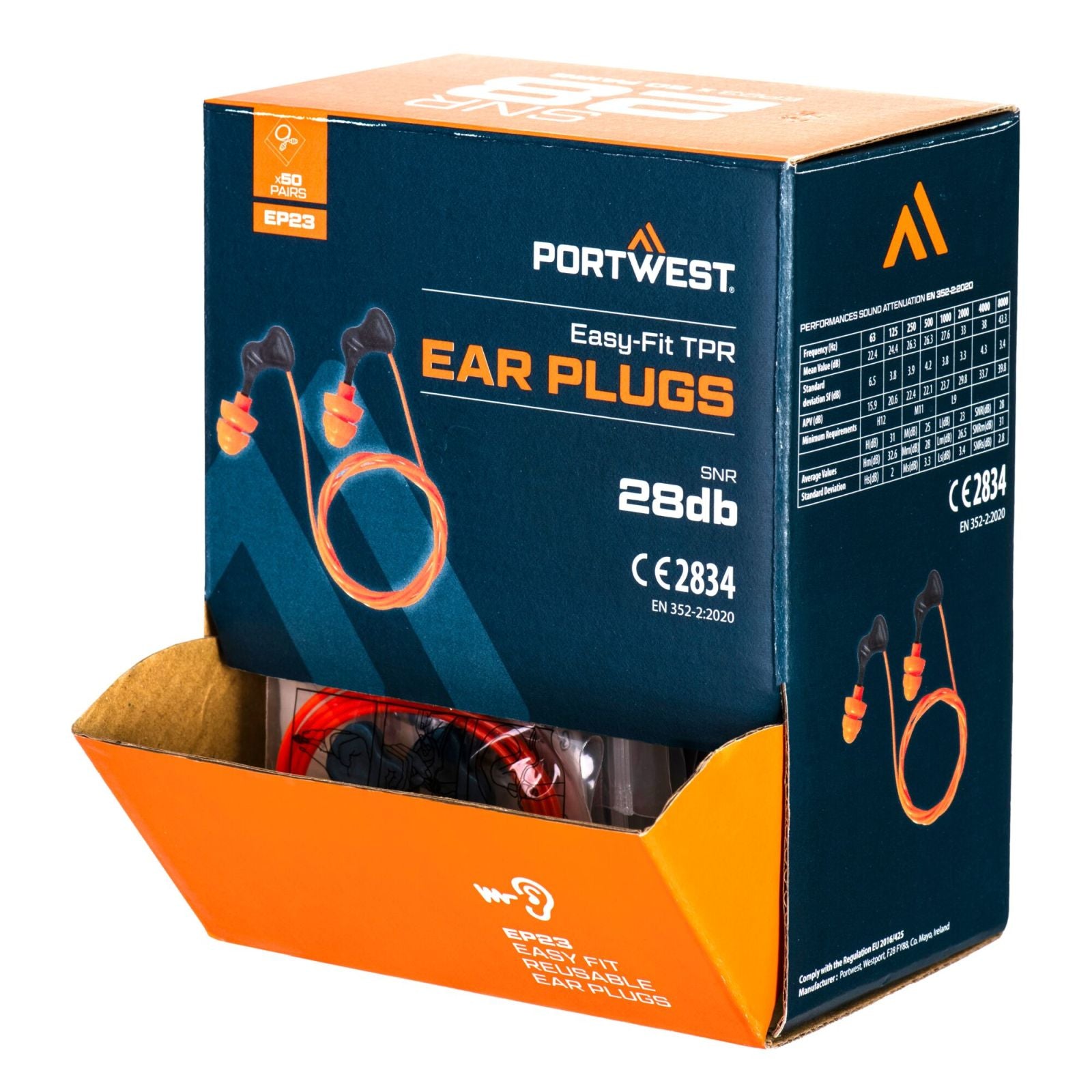 Portwest Gehoorbescherming Oor propjes Oordoppen EP23 Easy Fit TPR herbruikbaar koort (50 Paar) oranje(OR)