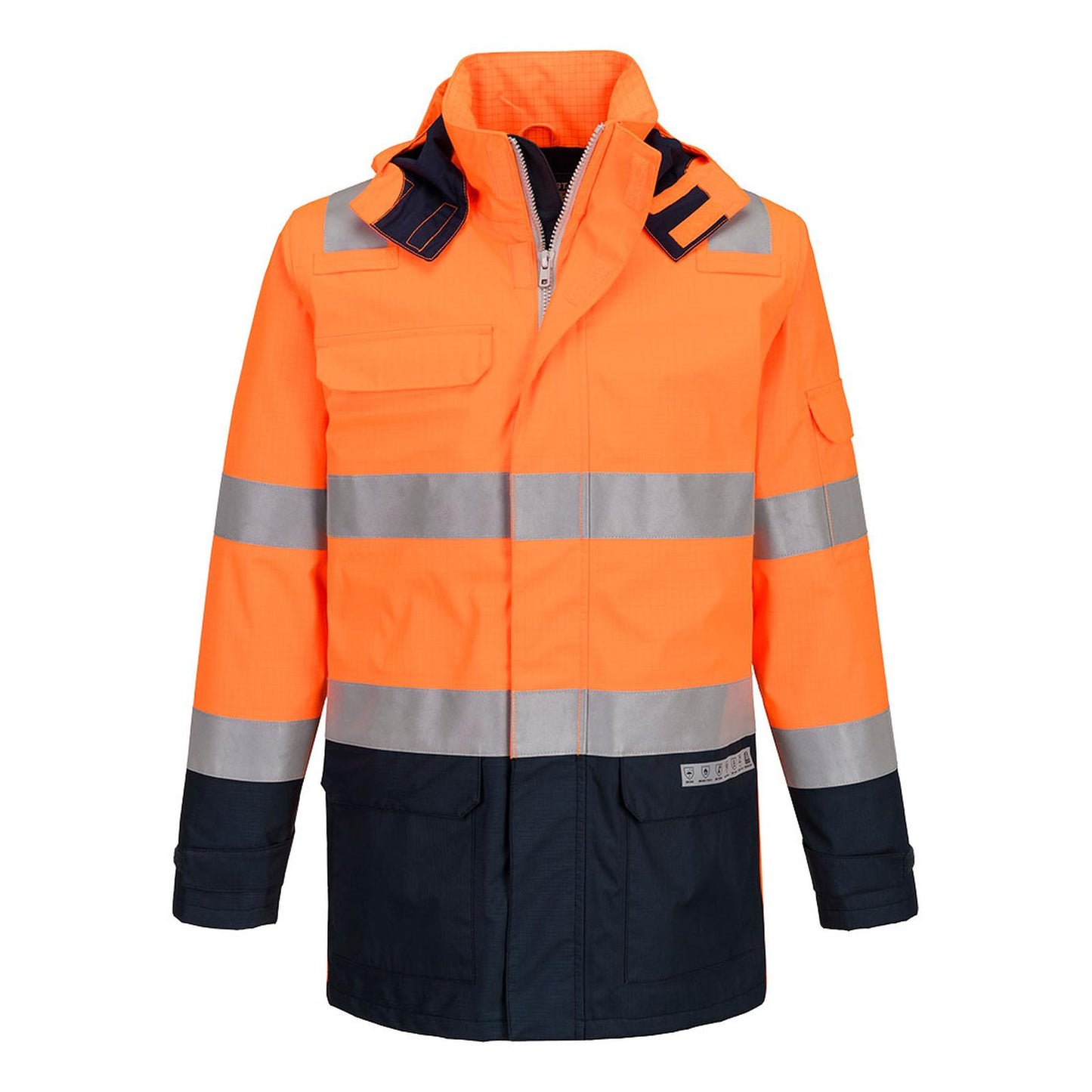 Portwest Bizflame Rain+ HV Vlamvertragend Multi-norm Jack FR605 Hi-Vis Vlamboog oranje-marineblauw(ON)