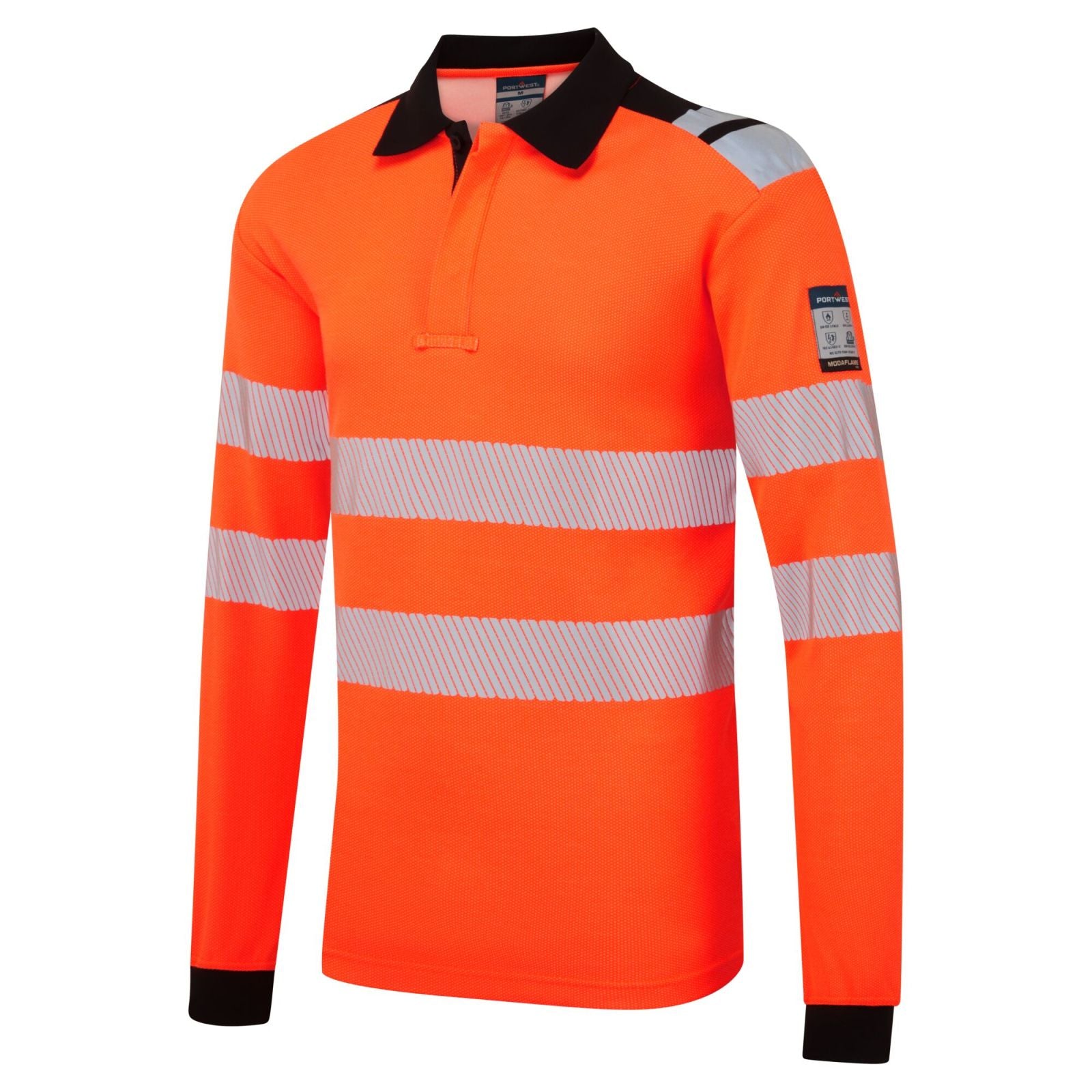 Portwest PW3 Vlamvertragend Multi-norm Poloshirt FR734 Modaflame gebreidt HVO vlamwerend oranje-zwart(OB)