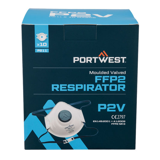 Portwest Disposable Masker FFP2 Mondmasker P211 FFP2 koolstof ventiel P2V (10-pack) wit(WH)