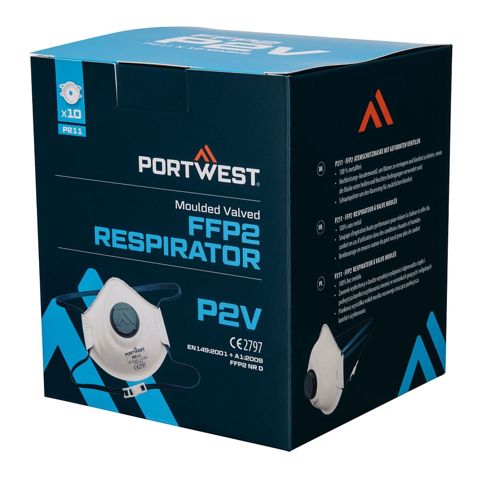 Portwest Disposable Masker FFP2 Mondmasker P211 FFP2 koolstof ventiel P2V (10-pack) wit(WH)