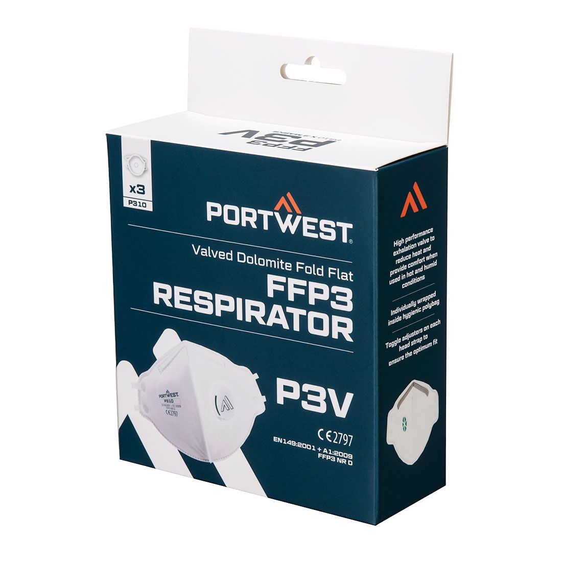 Portwest Disposable Masker FFP2 Mondmasker P310 FFP2 platgevouwen Dolomite P3V (3-pack) wit(WH)