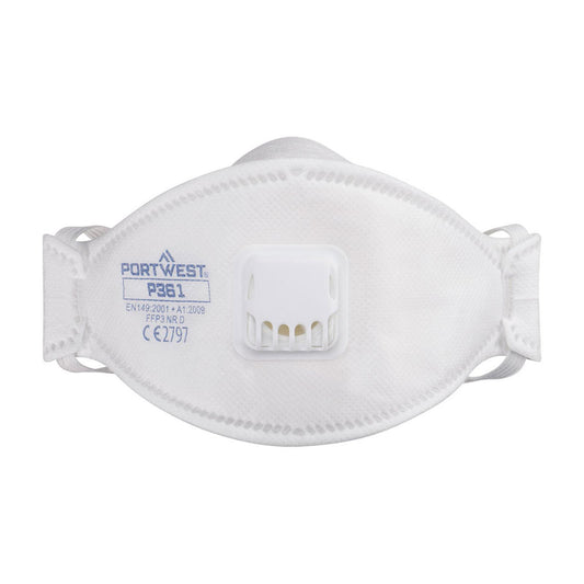 Portwest FFP3 Disposable Maskers Mondmasker P361 Trifold FFP2 dolomiet gevouwen ventiel (Pk 10) wit(WH)