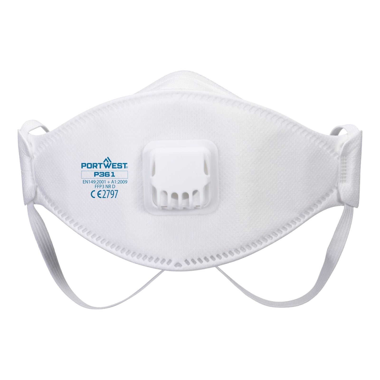 Portwest FFP3 Disposable Maskers Mondmasker P361 Trifold FFP2 dolomiet gevouwen ventiel (Pk 10) wit(WH)