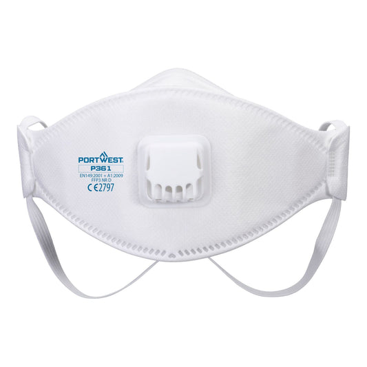 Portwest FFP3 Disposable Maskers Mondmasker P361 Trifold FFP2 dolomiet gevouwen ventiel (Pk 10) wit(WH)
